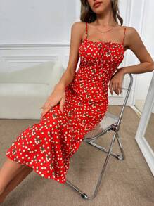 SHEIN ChicEase 无袖迷你碎花印花夏装，简约时尚 - 紅色 - 查看 5