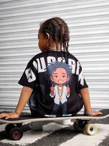 SHEIN 1 Áo thun tay ngắn cho bé trai, Áo thun cổ tròn in họa tiết đường phố thoải mái cho bé trai, Phù hợp cho trẻ mới biết đi/trẻ nhỏ, Dáng rộng, Thích hợp cho du lịch, kỳ nghỉ, mùa hè - màu đen - Xem 1