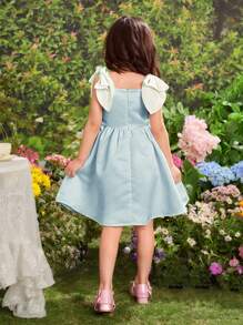 Young Girl Fashion Woven Solid Color Tie Bow Cami Dress - Olive Green - View 2