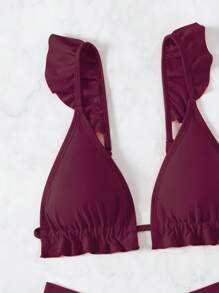 SHEIN Swim 女士度假海滩性感纯色比基尼套装 - 酒紅色 - 查看 3