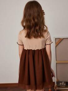 PrepCrw Vestido de malha patchwork de manga curta de malha damasco para meninas, primavera/verão - Caqui - Ver 3