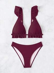 SHEIN Swim 女士度假海滩性感纯色比基尼套装 - 酒紅色 - 查看 7