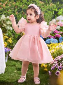 Baby Girl Cute & Elegant Peony Pink Organza Solid Color Ruffled Short Sleeve Dress/Garment