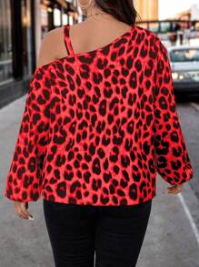 SHEIN Clasi Plus Size Asymmetric Collar Leopard Print Casual Shirt, Spring/Autumn One Shoulder Top - Red - View 2