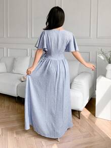 Modelyn Women's Elegant Light Blue Woven Fabric Arabian Dress, Shirred Bodice, And Square Neck, Short Sleeve, And Long Length For Special Occasions - Blue - View 4