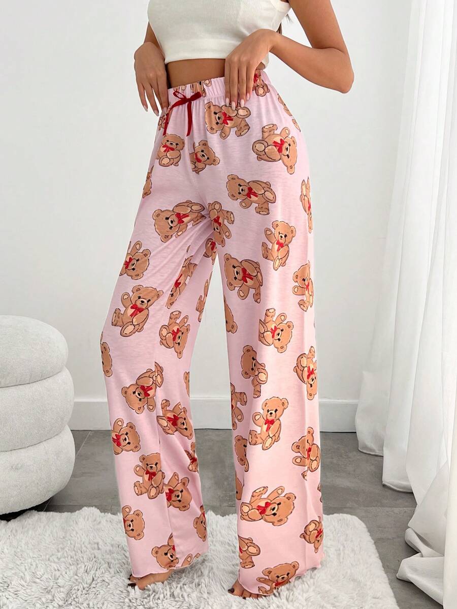 RueChic Women Viscose High Quality All Over Contrast Colour Cute Bear Pattern With Ribbon Detail Homewear Lounge Bottom - Baby Pink - View 1