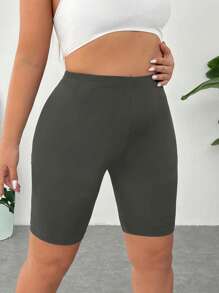 SHEIN EZwear Celana Pendek Skinny Abu-abu Gelap Ukuran Besar, Desain Minimalis Cocok untuk Musim Panas - Dark Grey - View 5