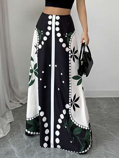 Elenzga Elegant Lady's Resort Floral Embroidered High Waist A-Line Midi Skirt Fall Cloth For Women