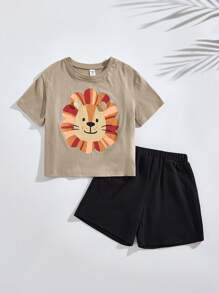 SHEIN 2 件套儿童男孩卡通狮子印花短袖 T 恤和短裤，休闲夏季服装 - 彩色 - 查看 1