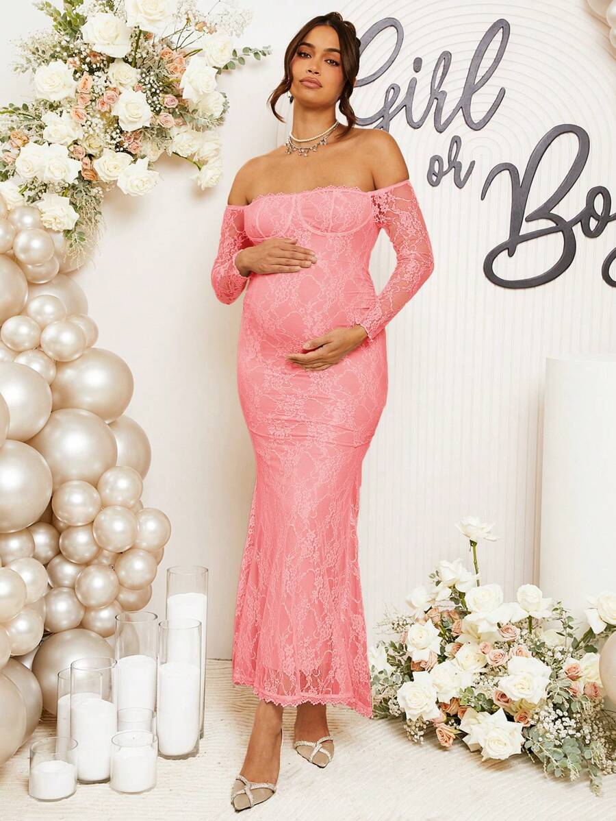 Loomaby Maternity Off Shoulder Long Sleeve Lace Fishtail Hem Elegant Fitted Dress, Baby Shower Dress - Pink - View 1