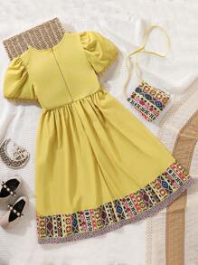 SHEIN Tween Girls Gorgeous Gold Sequin Decor National Print Dress