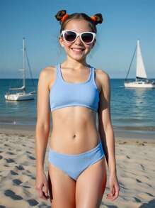 Conjunto de biquíni com gola redonda de cor sólida para meninas adolescentes, roupa de banho para a praia, férias de verão