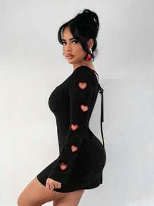 SHEIN SXY 性感爱心镂空黑色露背吊带情人节连衣裙 - 黑色 - 查看 4