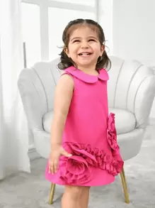 SHEIN Babygirl Summer Sleeveless Solid Color Cute 3D Flower Decor Peter Pan Collar Dress - Hot Pink - View 3