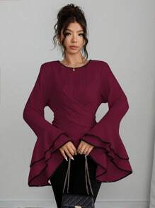 Calvaya Camicia aderente da donna con colletto alla coreana, maniche a doppio strato con volant