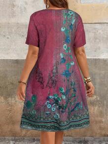 EMERY ROSE Vestido de verano con estampado floral verde para mujer de talla grande, estilo campestre