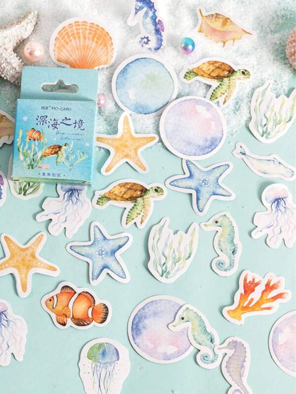 SHEIN 1 caja de 46 hojas de 4,4 cm*4,4 cm de pegatinas con temática marina, incluyendo estrellas de mar, caballitos de mar, perlas y pegatinas de coral, adecuadas para scrapbooking, decoración DIY y sellado, libros, cuadernos, tazas de agua, decoración de arte pictórico.