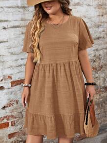 SHEIN LUNE 大码女式纯色荷叶边短袖宽松连衣裙 - 摩卡棕 - 查看 3