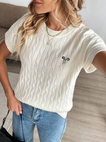 SHEIN LUNE Blusas holgadas de punto de manga corta con bordado, de color liso y casual, para uso diario en primavera y verano