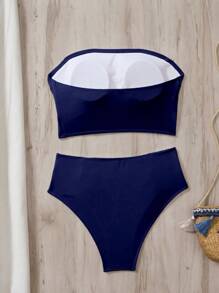 SHEIN Swim 女士纯色露肩抹胸上衣和侧褶下装比基尼套装，海滩夏季服装 - 寶藍色 - 查看 5