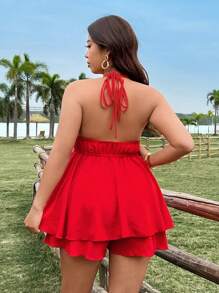 Sunnyshic Plus Size Boho Casual Vakantie Trekkoord Strik Taille A-lijn Dubbellaags Jumpsuit, Voor de Zomer