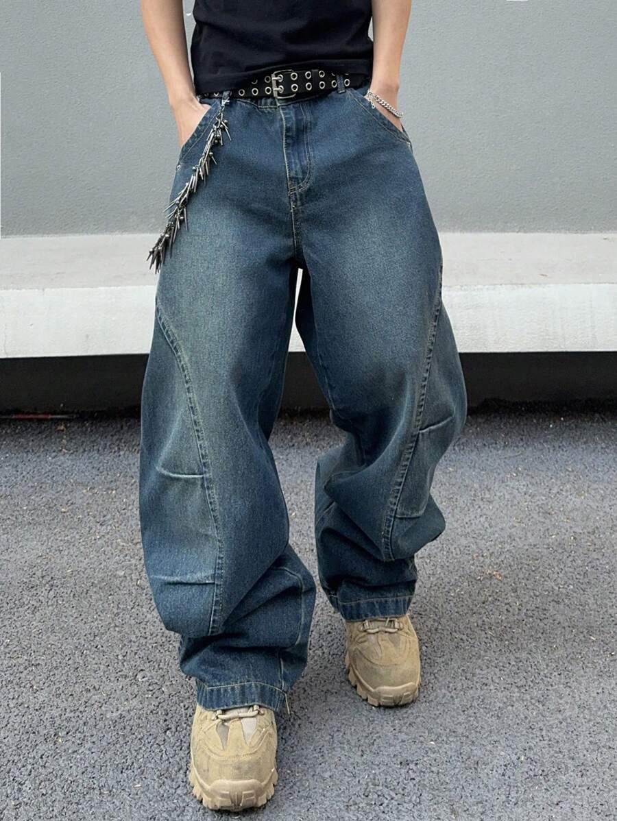 Manfinity EMRG Men's Loose Fit Pockets Relaxed Wide Leg Casual Jeans, Versatile - Light Wash - View 1