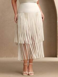 Anewsta Elegant, Casual, Vacation Curve-Fit High-Waist Beige Soft Leather Long Fringe Skirt For Women