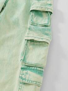 DENIMLY Young Girl Dopamine URBAN STREET Y2K COOL Young Girl MINT GREEN STONE WASH 100%Cotton MULTI-POCKET WIDE LEG JEANS, FULLY ELASTIC WAISTBAND, And Chic. - Mint Green - View 5