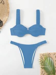 SHEIN Swim 女士纯色褶皱性感比基尼泳装套装，夏季海滩 - 藍色 - 查看 7
