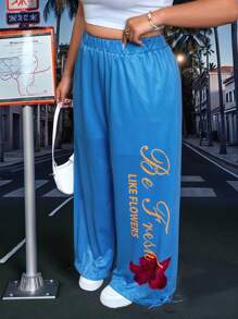 SHEIN EZwear 大码夏季网眼休闲度假海军蓝热带花卉印花宽松裤 - 寶藍色 - 查看 1