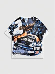 ROMWE MEN Camiseta de manga corta con gráfico de coche y letra para hombre, de verano