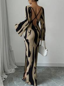 RosyDaze 女式图案印花露背交叉设计侧开衩连衣裙，时尚优雅 - 杏色 - 查看 2