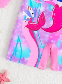 SHEIN Baby Girl Cartoon Mermaid Print Raglan Long Sleeve Rash Guard And Shorts Swimsuit - Baby Pink - View 3