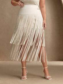 Anewsta Elegant, Casual, Vacation Curve-Fit High-Waist Beige Soft Leather Long Fringe Skirt For Women