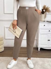 SHEIN PETITE CURVE 大码休闲通勤修身纯色裤子 - 棕色 - 查看 4