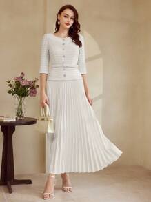 Vintamour Váy midi dệt kim Jacquard thanh lịch cổ điển dành cho nữ, váy xếp ly dài đến đầu gối có tay áo 3/4, váy trắng siêu dài, xuân/hè - trắng - Xem 3