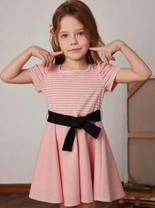 PrepCrw Young Girl Pink Striped Crew Neck Short Puff Sleeve A-Line Dress, Spring/Summer - Pink - View 5