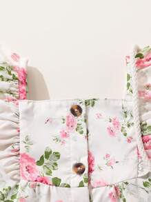 SHEIN Floral Print Ruffled Collar Sleeveless Romper For Baby Girls Toddler, Suitable For Spring/Summer Outings, Vacation And Daily Wear