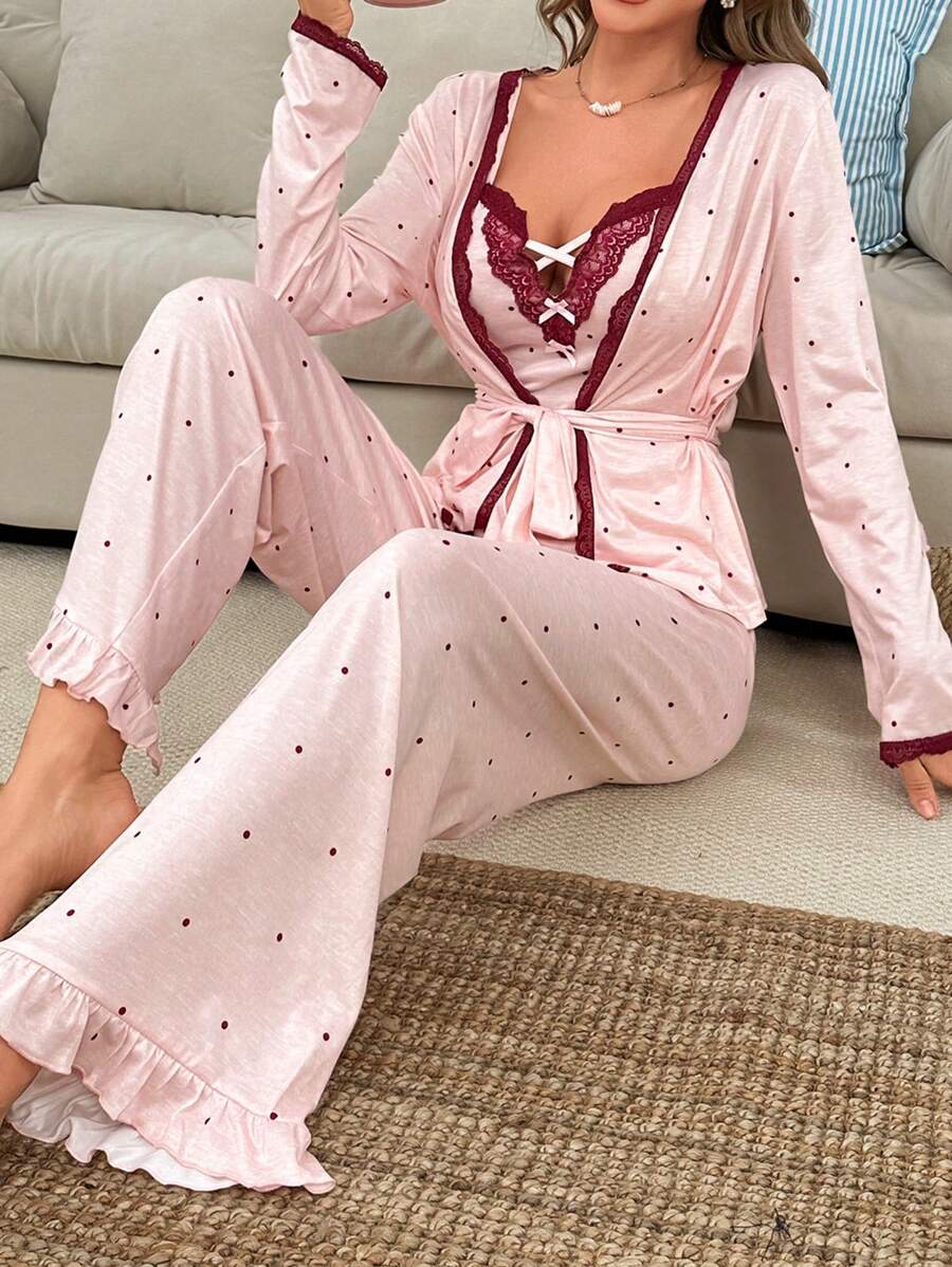 DUSKBASE 3pcs Pajama Set: Contrast Color Lace Patchwork Polka Dot Print Camisole, Pants And Belted Robe, Fall Winter Clothes Cozy And Elegant Details - Pink - View 1