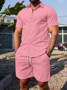 Manfinity Homme Áo sơ mi nam tay ngắn một hàng khuy màu trơn và quần short trang phục thường ngày cho nam trang phục mùa hè trang phục nghỉ mát mùa hè cho nam trang phục thường ngày cho nam mùa hè - Hồng - Xem 4