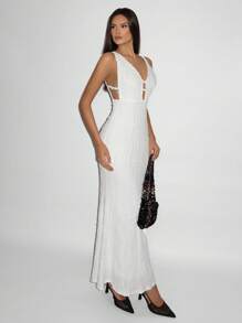 Chiquease 女士时尚甜美优雅深 V 领提花蕾丝露背系腰鱼尾下摆连衣裙，春夏