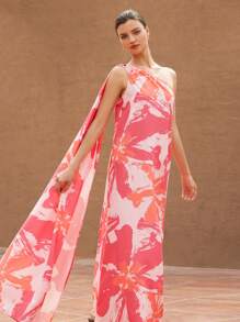 GENKIRA Vestido de línea A sin mangas con estampado floral de efecto de pincelada de óleo romántico y elegante para mujeres, estilo bohemio de vacaciones, estampado total de moda para el verano - Multicolor - Ver 1