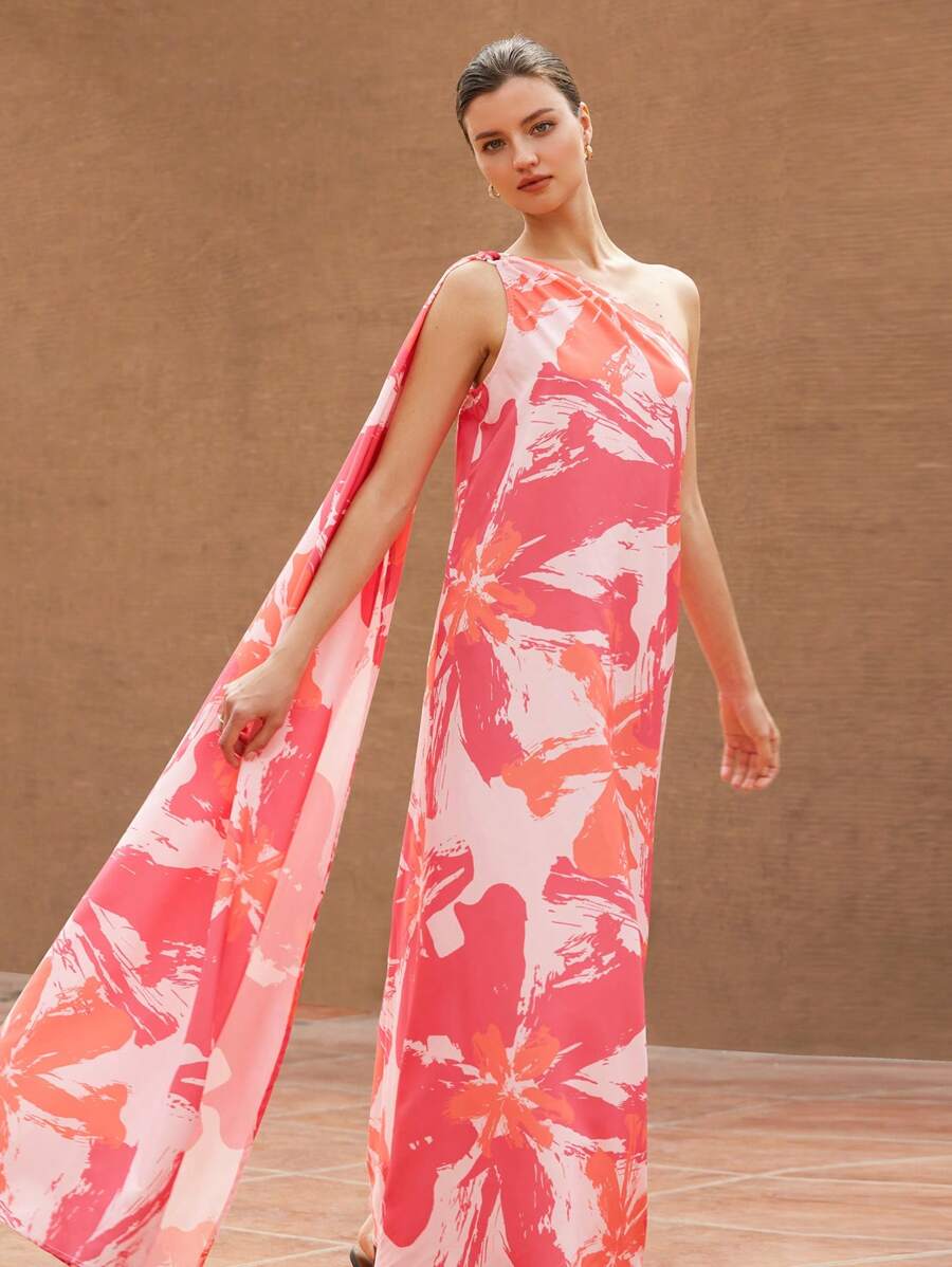 GENKIRA Vestido de línea A sin mangas con estampado floral de efecto de pincelada de óleo romántico y elegante para mujeres, estilo bohemio de vacaciones, estampado total de moda para el verano - Multicolor - Ver 1