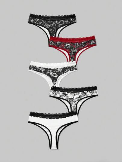 Goth 5pcs Gothic Skull, Eye, Sun, Moon, Star, Snake Bone Contrast Lace Ladies Thong Panties Set