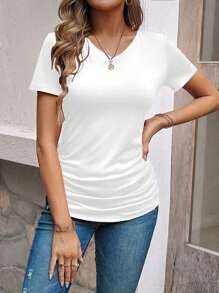 SHEIN LUNE Dames effen V-hals T-shirt met korte mouwen, minimalistisch en modieus, geschikt voor de zomer