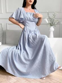 Modelyn Women's Elegant Light Blue Woven Fabric Arabian Dress, Shirred Bodice, And Square Neck, Short Sleeve, And Long Length For Special Occasions - Blue - View 2
