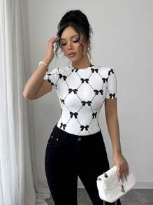 Elenzga Women's Casual Bow Print Short Sleeve T-Shirt, Summer - White - View 5