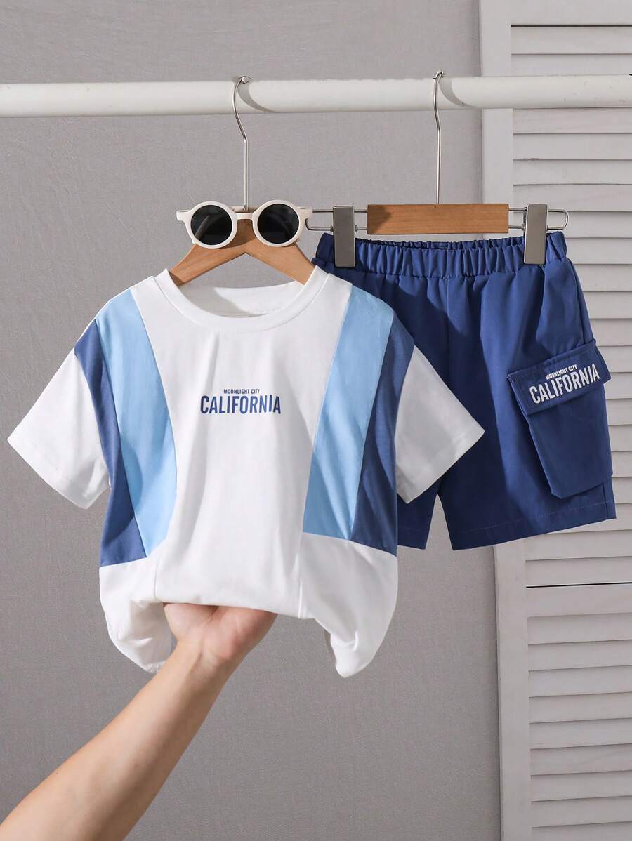 SHEIN 2pcs/Set Young Boy Fitted Casual Round Neck Colorblock Short Sleeve T-Shirt & Shorts Set