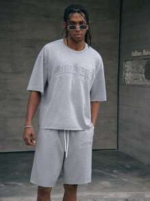 AXEPEAK Men's Embossed Loose Knit Short Sleeve T-Shirt Set - Grey - View 1