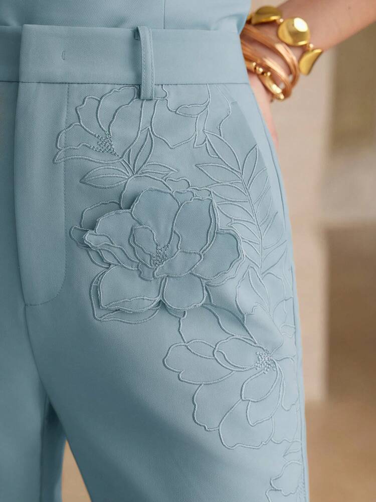 FLORAL EMBROIDERY FLARE LEG PANTS